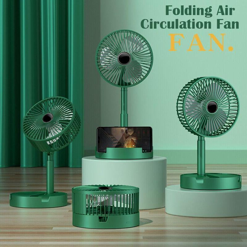 Green Portable Foldable Floor Fan with Built-In USB Charging Retractable Desk Fan ABS Material Touch Button Control Three-Speed Wind Power Adjustable Mobile Phone Stand