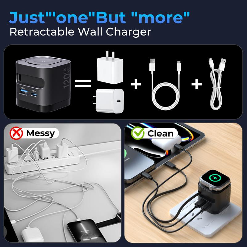 【Lentorgi】 4-In-1 Gan Charger with Apple Watch Charger, 120W Max Fast Charging Adapter with Retractable Type-C Cables, Portable Folding USB-C Power Adapter for Iphone, Ipad, Macbook & More