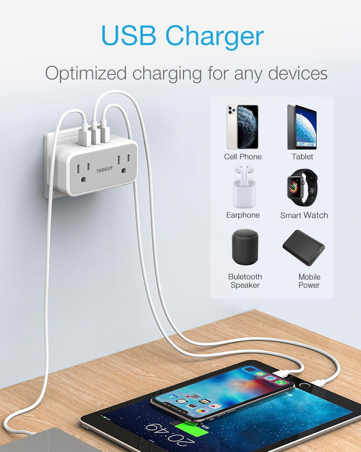 Double Outlet Plug Extender with USB,  Multi Electrical Outlet Splitter with Dual Outlets 3 USB Wall Charger, Multiple Plug Expander for Home Office Travel Cruise Ship Dorm Room Essentials