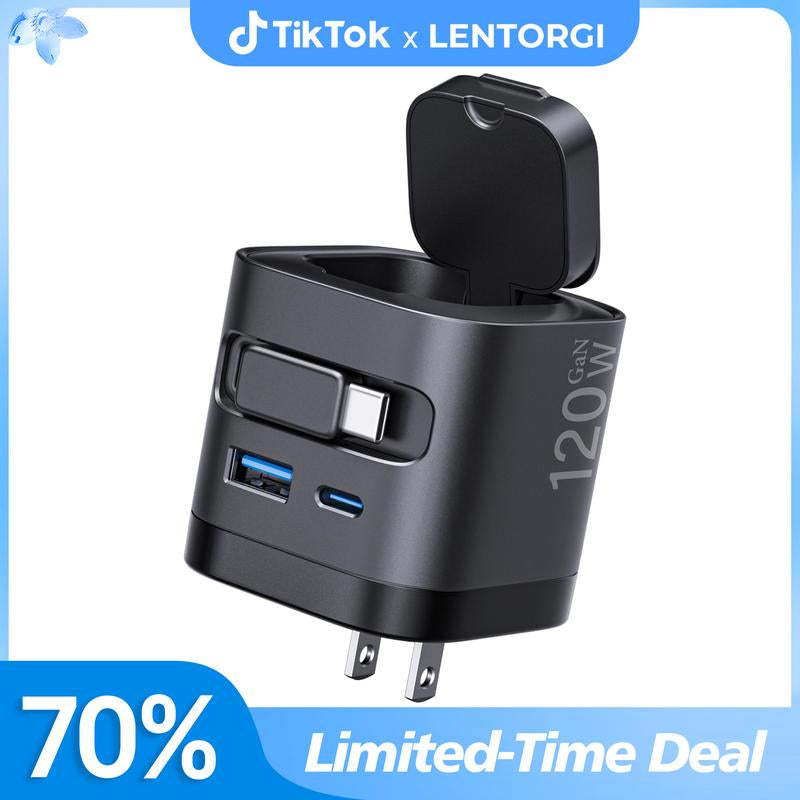 【Lentorgi】 4-In-1 Gan Charger with Apple Watch Charger, 120W Max Fast Charging Adapter with Retractable Type-C Cables, Portable Folding USB-C Power Adapter for Iphone, Ipad, Macbook & More