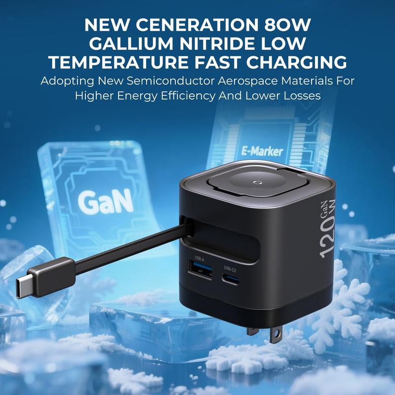 【Lentorgi】 4-In-1 Gan Charger with Apple Watch Charger, 120W Max Fast Charging Adapter with Retractable Type-C Cables, Portable Folding USB-C Power Adapter for Iphone, Ipad, Macbook & More