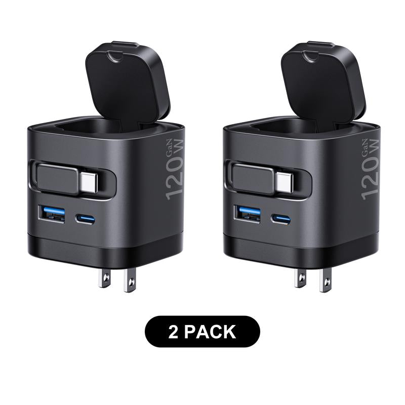 【Lentorgi】 4-In-1 Gan Charger with Apple Watch Charger, 120W Max Fast Charging Adapter with Retractable Type-C Cables, Portable Folding USB-C Power Adapter for Iphone, Ipad, Macbook & More