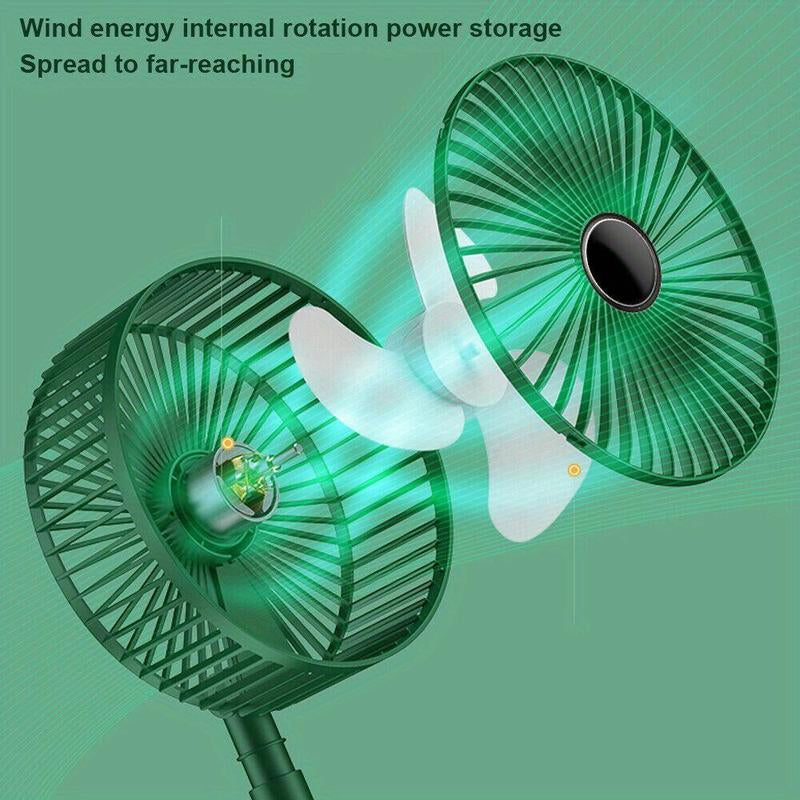 Green Portable Foldable Floor Fan with Built-In USB Charging Retractable Desk Fan ABS Material Touch Button Control Three-Speed Wind Power Adjustable Mobile Phone Stand