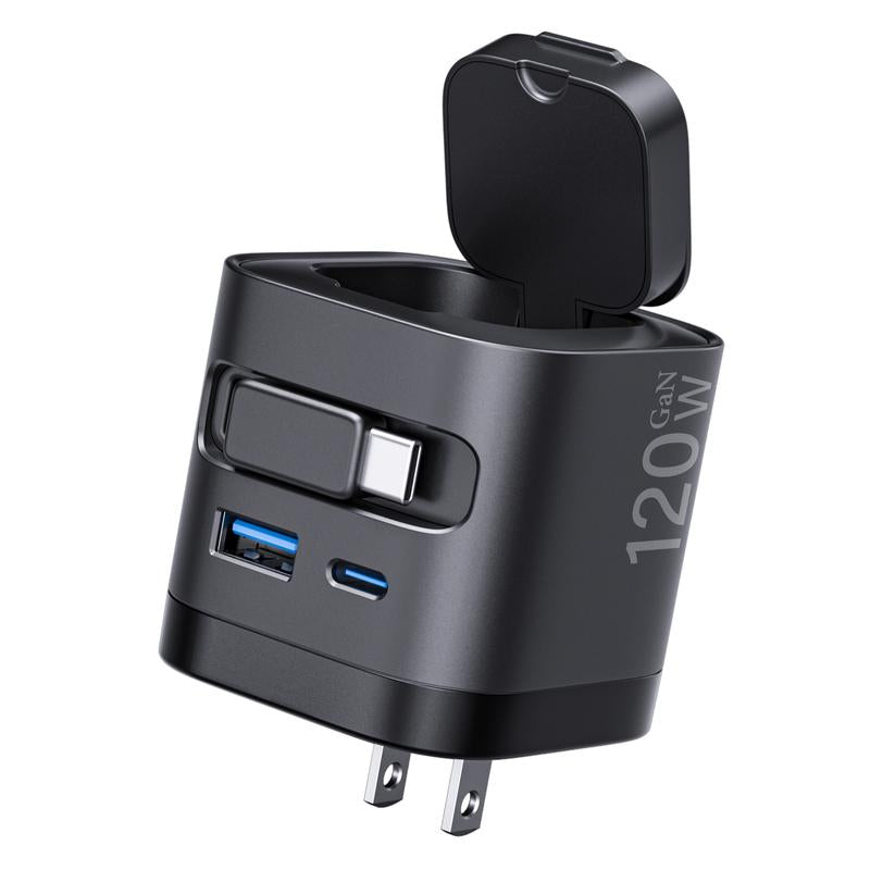 【Lentorgi】 4-In-1 Gan Charger with Apple Watch Charger, 120W Max Fast Charging Adapter with Retractable Type-C Cables, Portable Folding USB-C Power Adapter for Iphone, Ipad, Macbook & More