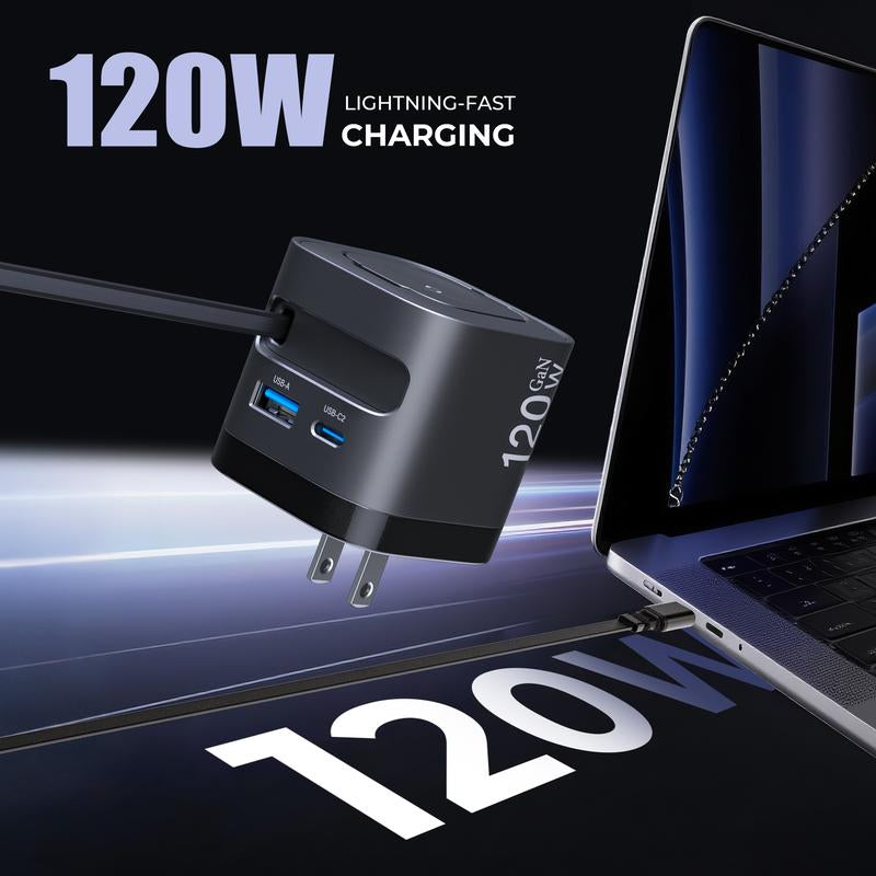 【Lentorgi】 4-In-1 Gan Charger with Apple Watch Charger, 120W Max Fast Charging Adapter with Retractable Type-C Cables, Portable Folding USB-C Power Adapter for Iphone, Ipad, Macbook & More