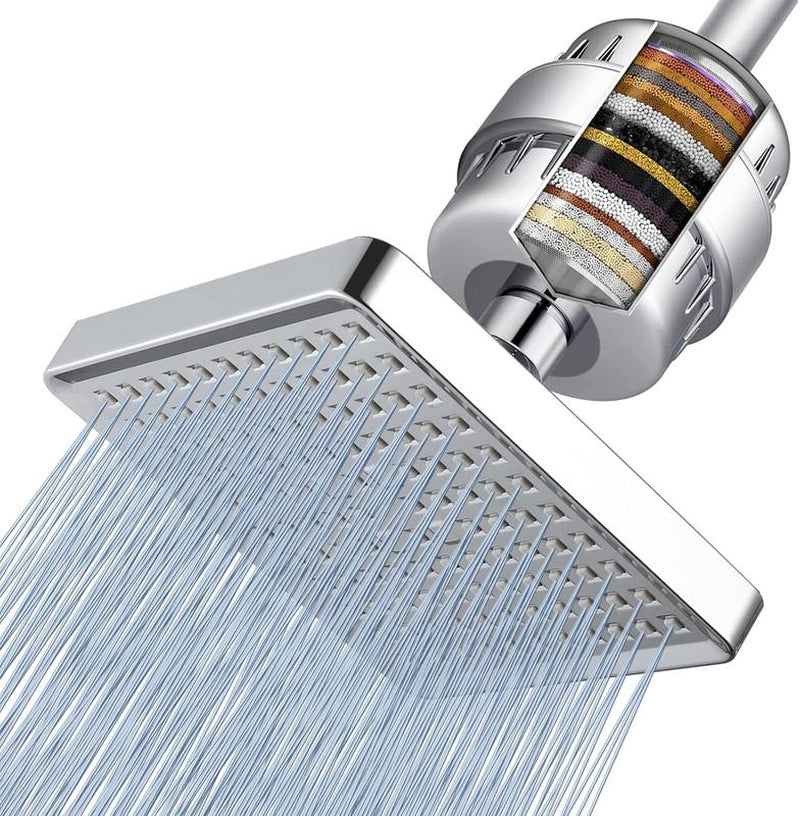 HOLENGS Filtered Shower Head - 20-Stage Deluxe Rainfall Shower Filter, Bathroom Accessory, Suitable for Hard Water, Removes Chlorine and Harmful Substances - 6-Inch Square High-Pressure Rainfall Shower Head (Brushed Nickel)