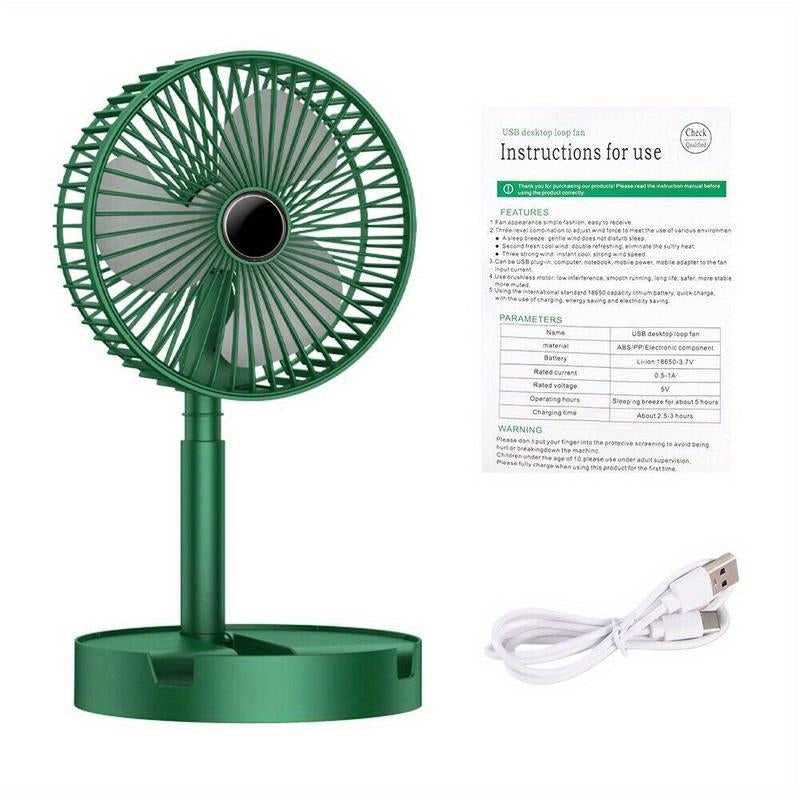 Green Portable Foldable Floor Fan with Built-In USB Charging Retractable Desk Fan ABS Material Touch Button Control Three-Speed Wind Power Adjustable Mobile Phone Stand