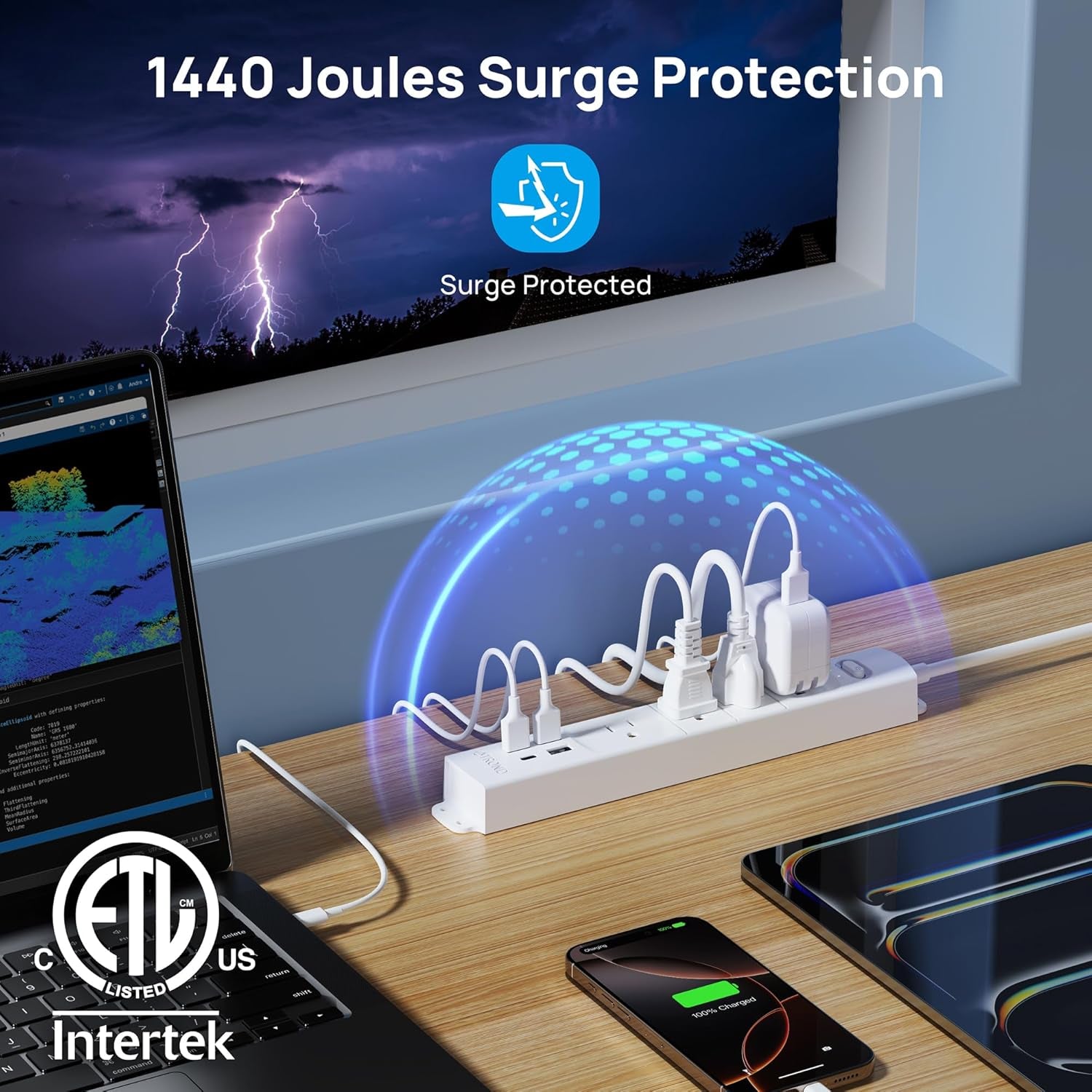 Surge Protector Power Strip with USB, Ultra Thin Flat Plug 6Ft Extension Cord 1625W, 3 USB a & 1 Type C, 4 AC Outlets 1440J Surge Protection ETL Listed, Wall Mount for Home Office Dorm, White