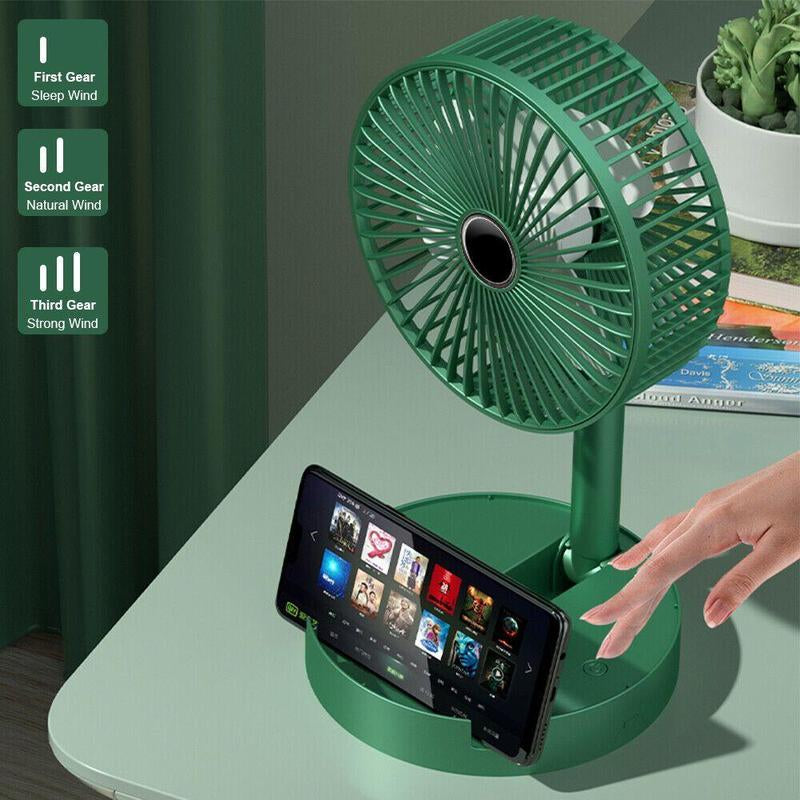 Green Portable Foldable Floor Fan with Built-In USB Charging Retractable Desk Fan ABS Material Touch Button Control Three-Speed Wind Power Adjustable Mobile Phone Stand