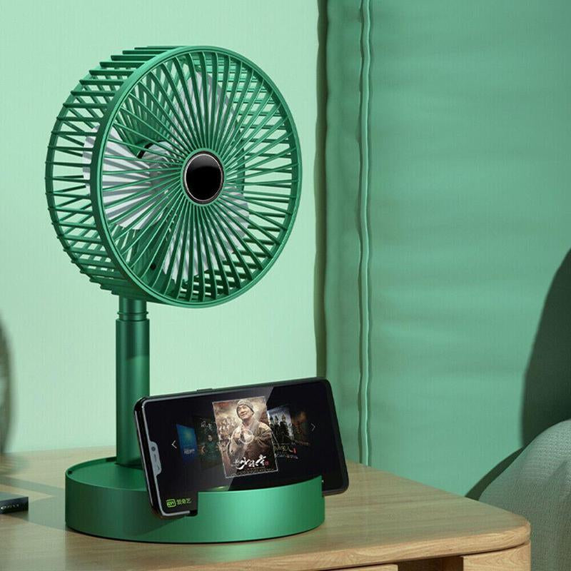 Green Portable Foldable Floor Fan with Built-In USB Charging Retractable Desk Fan ABS Material Touch Button Control Three-Speed Wind Power Adjustable Mobile Phone Stand