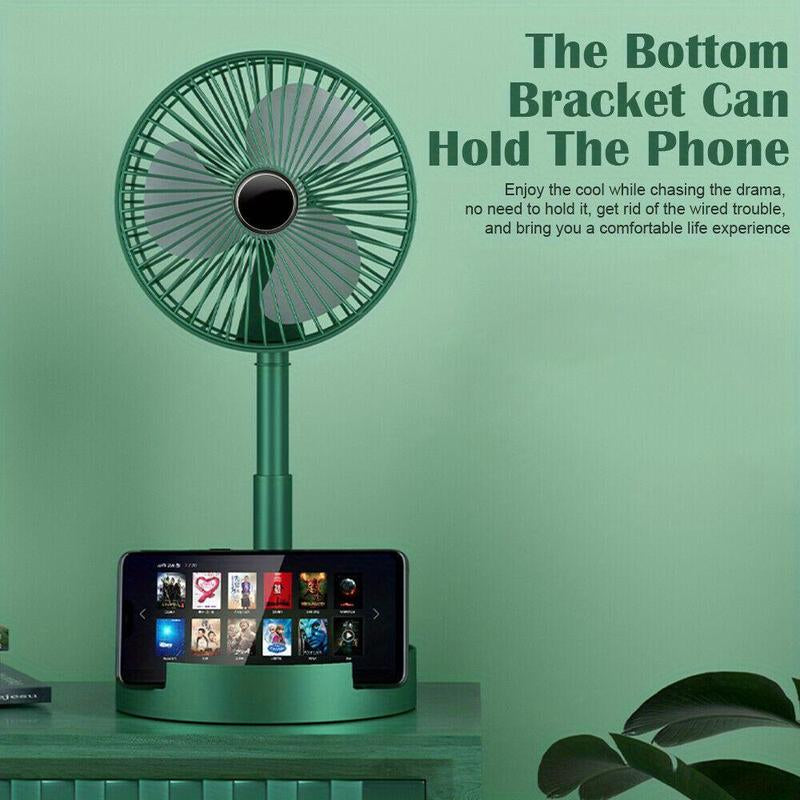Green Portable Foldable Floor Fan with Built-In USB Charging Retractable Desk Fan ABS Material Touch Button Control Three-Speed Wind Power Adjustable Mobile Phone Stand