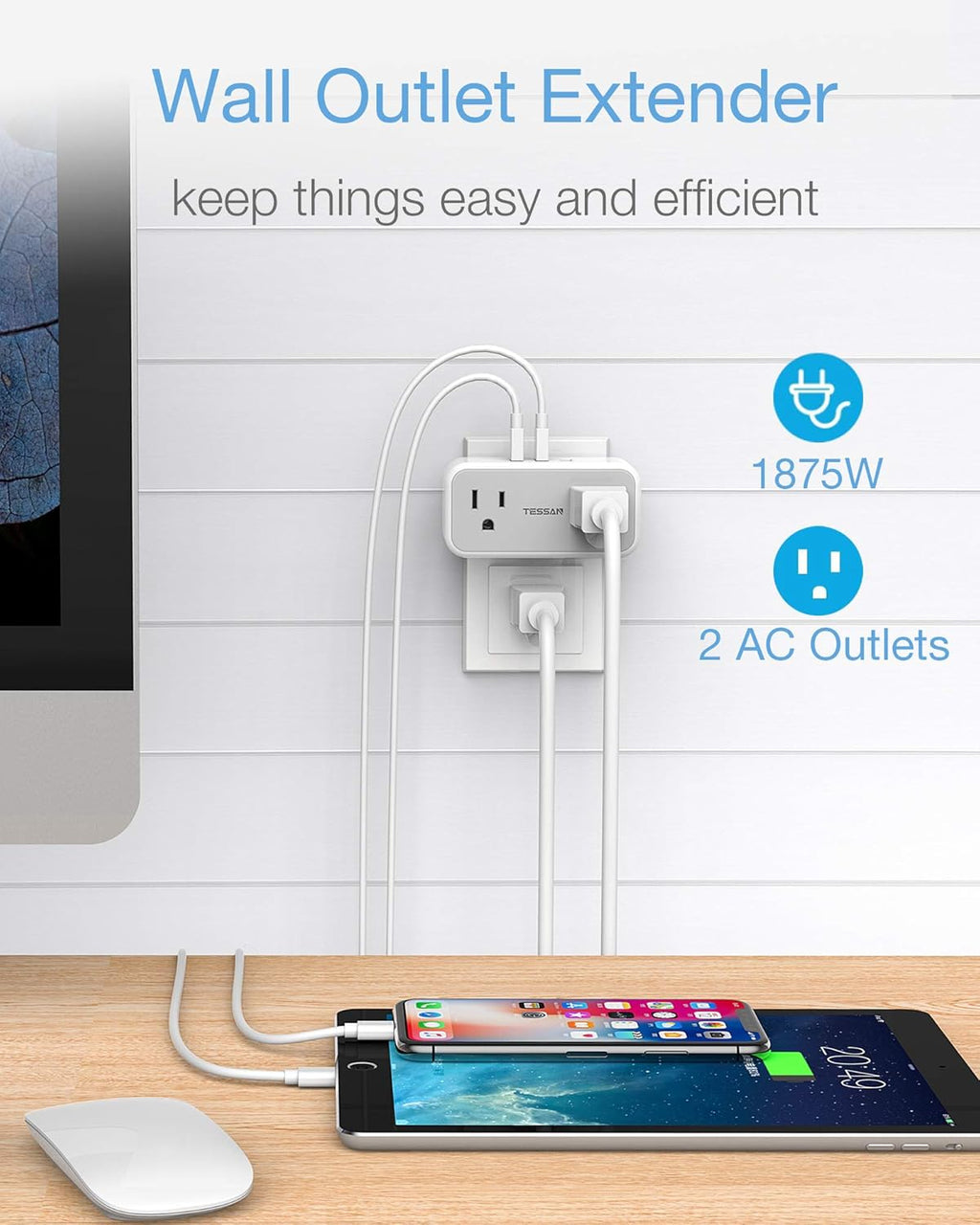 Double Outlet Plug Extender with USB,  Multi Electrical Outlet Splitter with Dual Outlets 3 USB Wall Charger, Multiple Plug Expander for Home Office Travel Cruise Ship Dorm Room Essentials