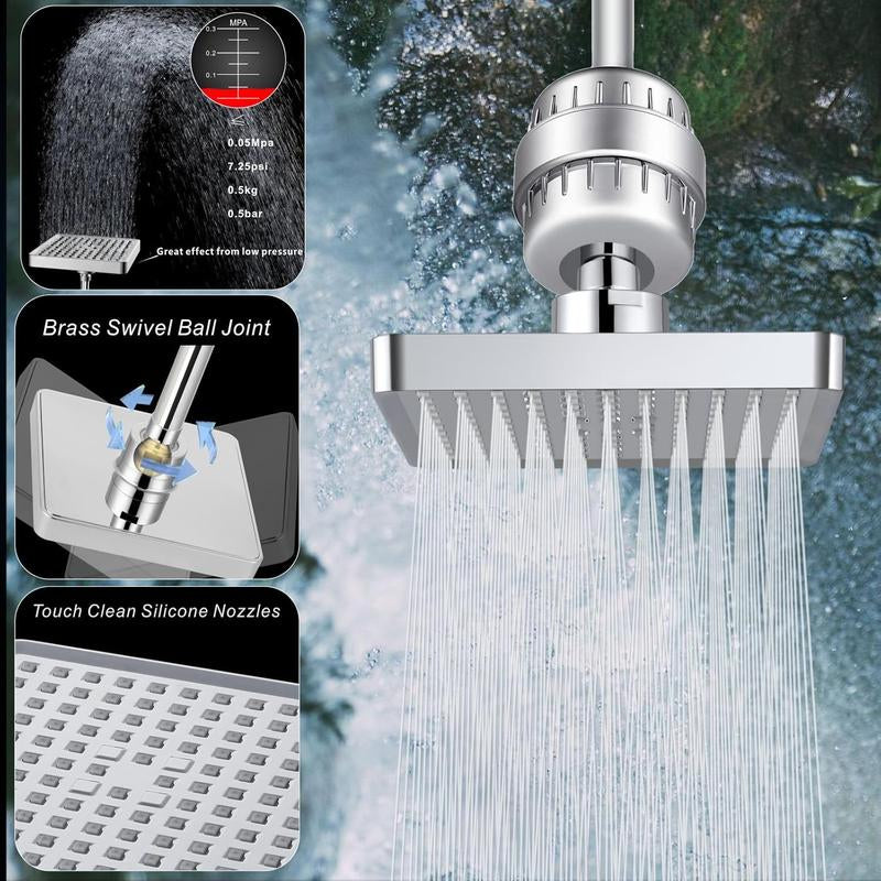 HOLENGS Filtered Shower Head - 20-Stage Deluxe Rainfall Shower Filter, Bathroom Accessory, Suitable for Hard Water, Removes Chlorine and Harmful Substances - 6-Inch Square High-Pressure Rainfall Shower Head (Brushed Nickel)