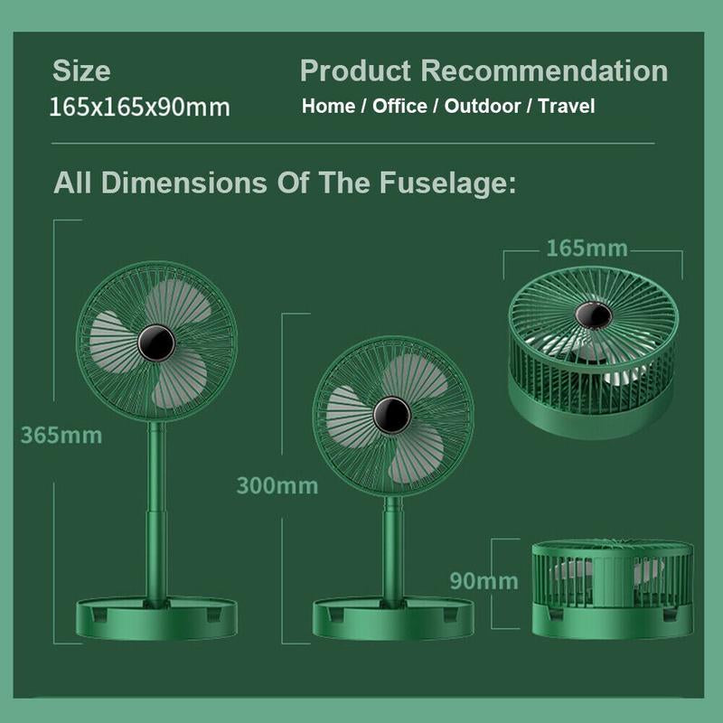 Green Portable Foldable Floor Fan with Built-In USB Charging Retractable Desk Fan ABS Material Touch Button Control Three-Speed Wind Power Adjustable Mobile Phone Stand