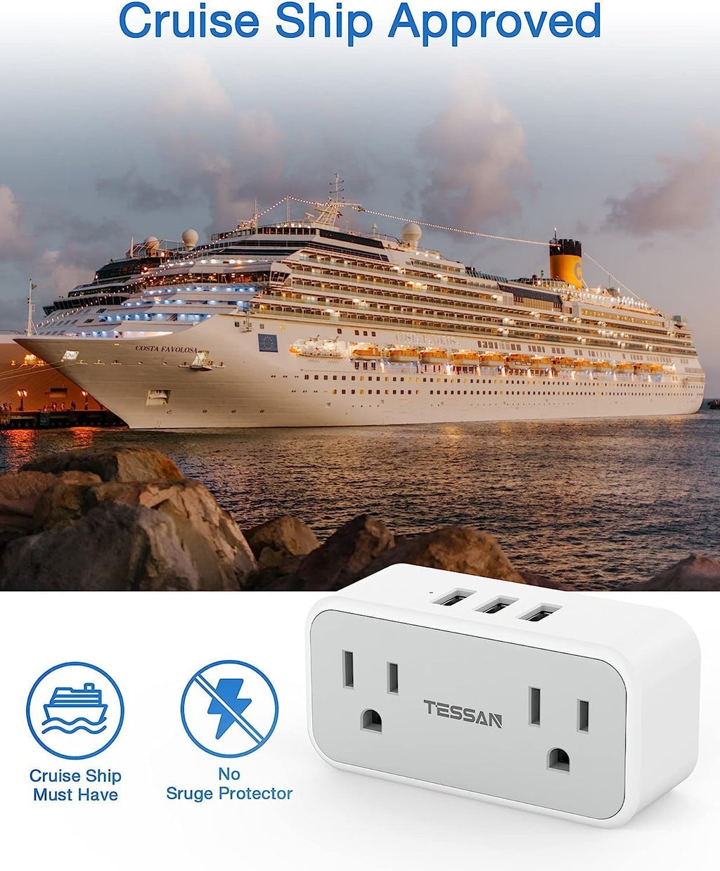 Double Outlet Plug Extender with USB,  Multi Electrical Outlet Splitter with Dual Outlets 3 USB Wall Charger, Multiple Plug Expander for Home Office Travel Cruise Ship Dorm Room Essentials